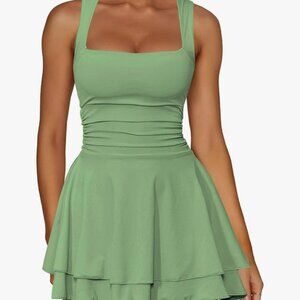 Square Neck Green Tiered Mini Dress – Size S